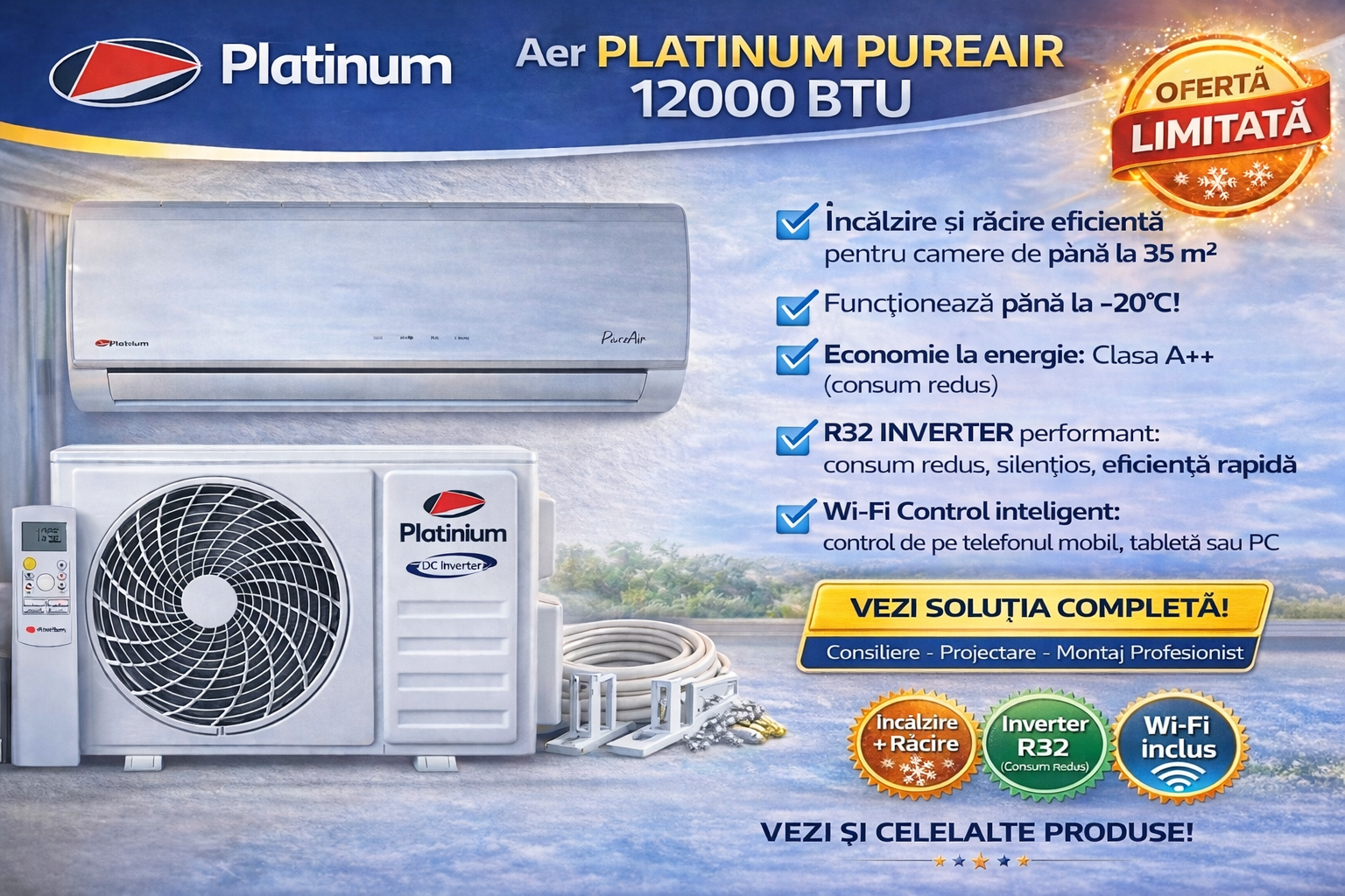 PUREAIR 12.000 BTU R32 Inverter – 2150 RON cu kit și montaj inclus