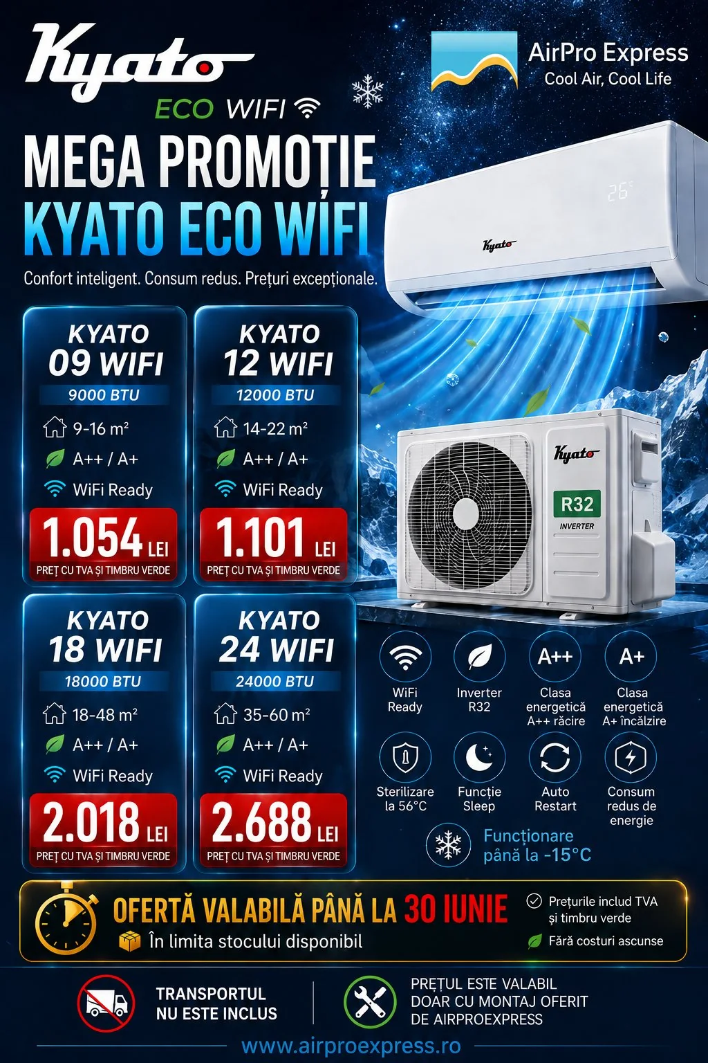 Mega promoție Kyato ECO WiFi - aer condiționat Inverter R32