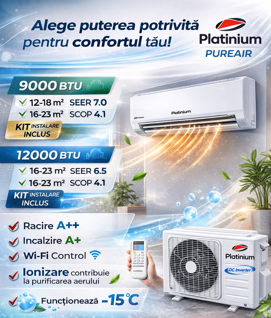 Ofertă Platinium PureAir 12000 BTU cu kit și montaj inclus