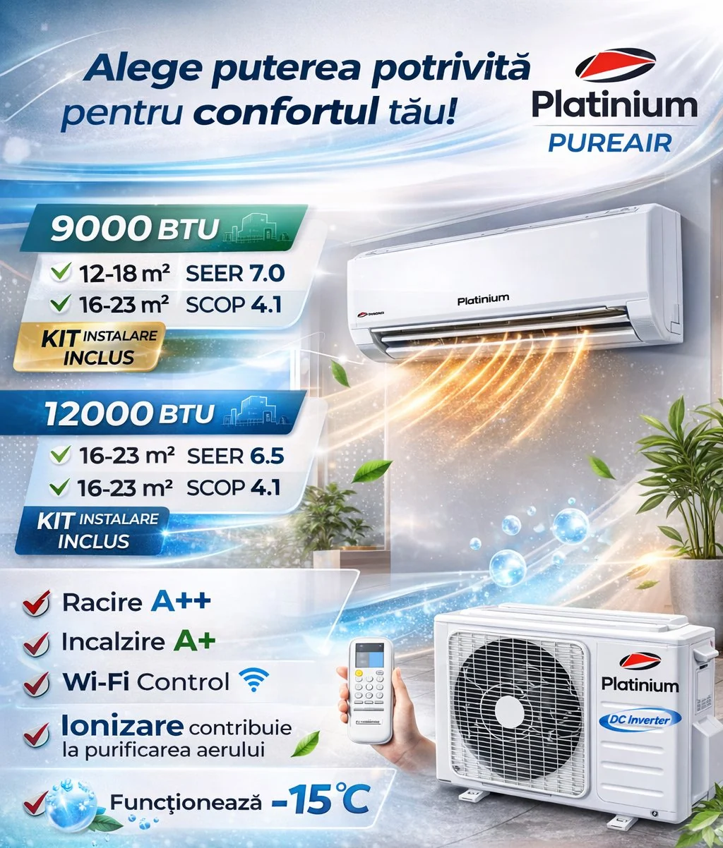Platinium PureAir – aer condiționat R32 Inverter, Wi-Fi, kit instalare inclus